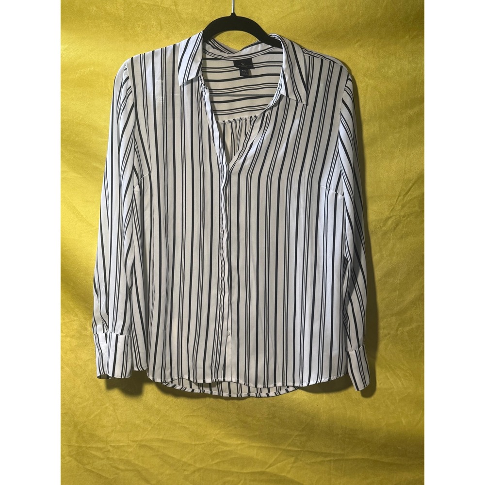 Worthington Petite PXL Blouse Black White Striped Long Sleeve Button Down Top